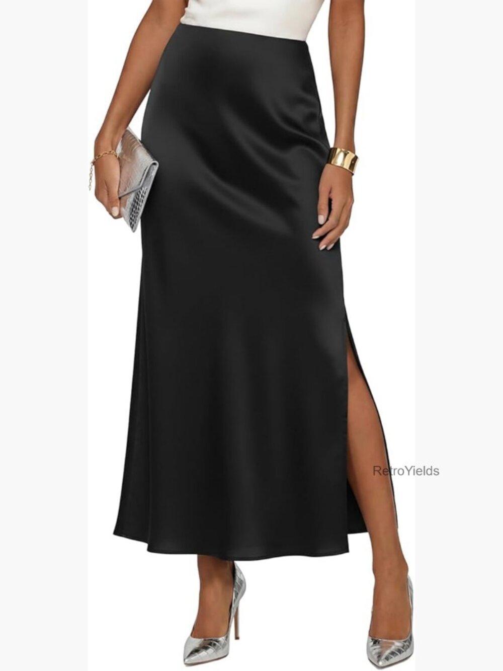 High Waisted Side Split Maxi Skirt A-Line Silk Skirt